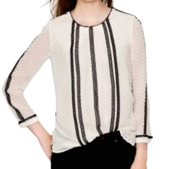 J. Crew Cream Swiss Dot Black Lace Trim Blouse Size 10 - Picture 1 of 8